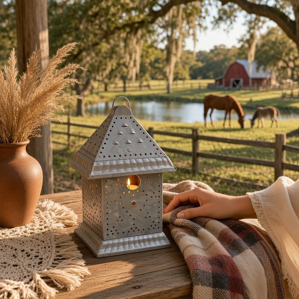 Vintage Primitive Tin House Lantern Votive Candle Holder with Basket